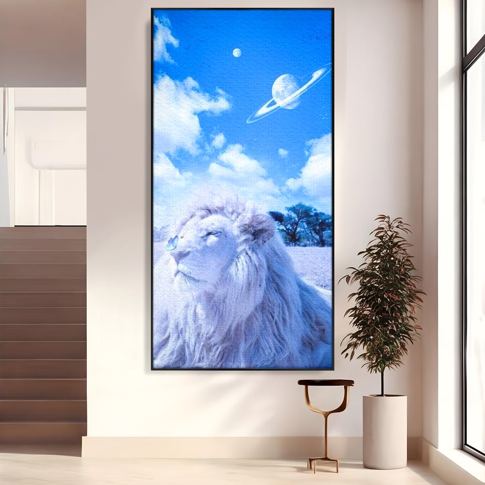 Tablou canvas cu tablou canvas cu leu si planete, in rama de aluminiu negru